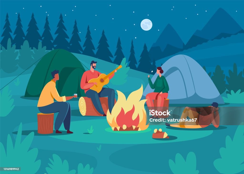 People camping at night. Friends sitting near campfire, playing guitar, roasting marshmallow. Tourism vacation holiday adventure vector illustration People camping at night. Friends sitting near campfire, playing guitar, roasting marshmallow. Tourism vacation holiday adventure vector illustration. Man and woman having outdoor rest Campfire stock vector