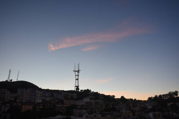 sutro tower in san francisco famous san francisco landmark silhoetted on twin peaks san francisco county city california urban scene stock pictures, royalty-free photos & images