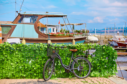 The bike is parked on the sidewalk. Summer sunny day. An ecological mode of transport. Istanbul, Turkey - 28.07.2017