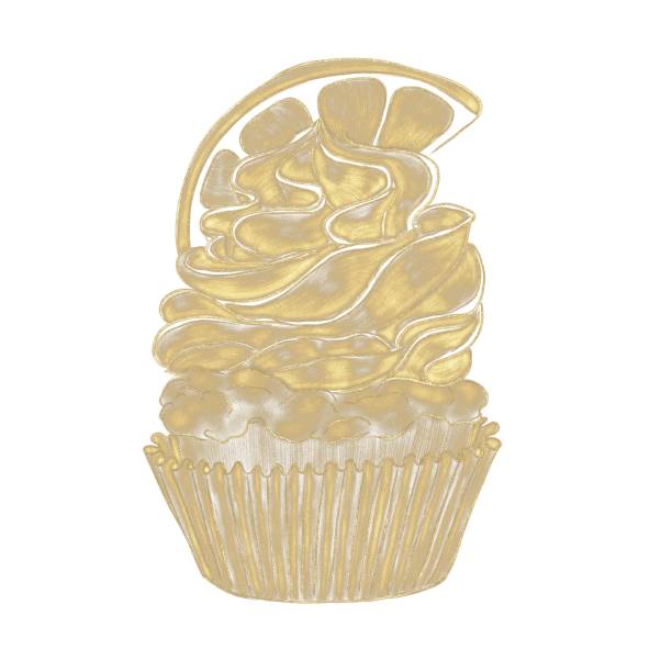 istock Linear hatched illustration of a golden sequined cupcake decorated with an orange slice 1316993700