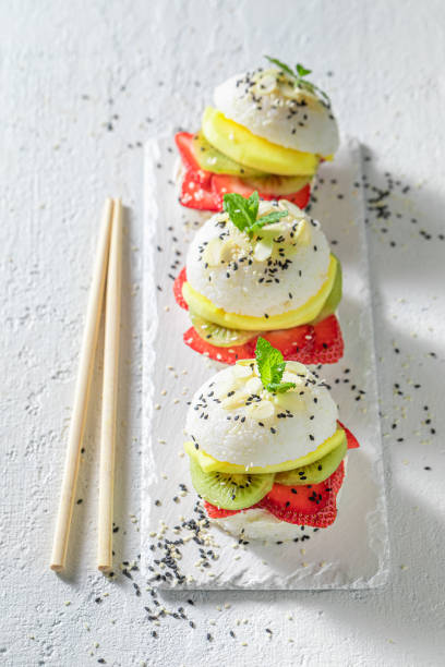 istock Unique sush burger with mascarpone and strawberries as Japanese dessert. 1316994741