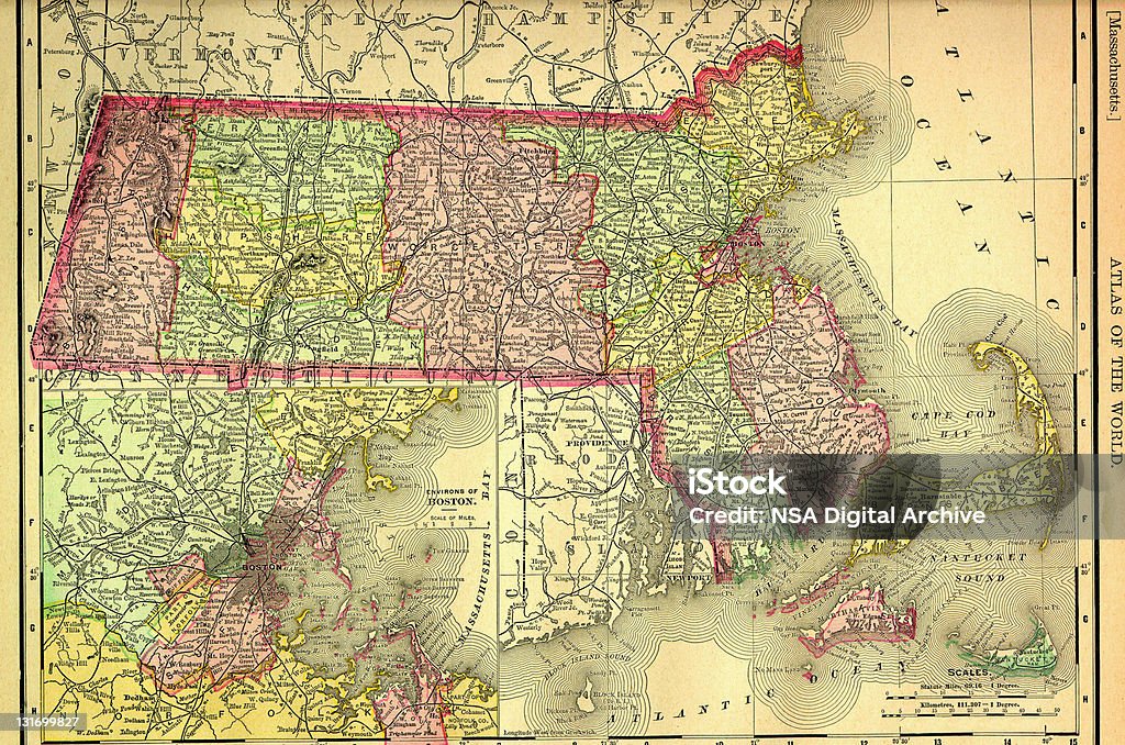 Массачусетс старая карта - Стоковые иллюстрации Карта роялти-фри
