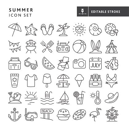 Vector illustration of a big set of 43 for summer vacations. Includes sun umbrella, starfish, flip flops, palm tree island, sun emoji, shell, sports and recreation, bunting flags, barbecue grill, barbecue picnic utensils, portable stereo, beach ball, surf boards, carnival tent, cooler, sunglasses, watermelon slice, folding lawn chair, camera, calendar pad, baggage travel, sunscreen, t-shirt, sweet treats, picnic table, beer, bathing suit, bucket and sand shovel, sunset, pool, sailboat, refreshments, thermometer, hat, anchor, scuba diving, beach, food, inflatable, flamingo and Ferris wheel. Fully editable stroke outline for easy editing. Simple set that includes vector eps and high resolution jpg in download.