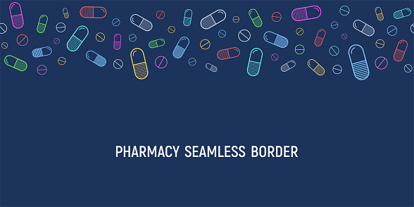 Seamless horizontal border vector pattern with outline colored pills, tablets, isolated on dark blue background. Medical preparations. Color illustration.