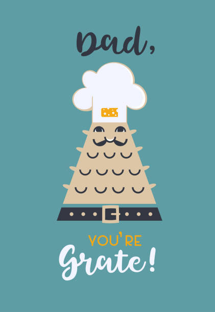 Funny Fathers Day Holiday Greeting Card Vector Cute vector greeting card Fathers day. Celebration Dad holiday typography poster background. Flat color funny cheese grater chef cartoon. Grate Dad joke motivated phrase, humor graphic illustration happy fathers day funny stock illustrations