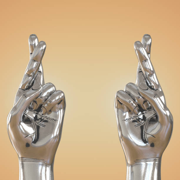 istock Two silvery hands with crossed fingers on a beige background. Front and back view. 3d rendering 1317000645