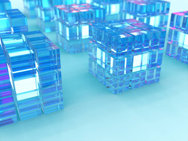 istock 3D rendered stacked blue transparent cubes in a square shape on a light blue background. Illustration for virtual mining, cyberspaces, or digital technology. Illustration for cryptographic structures. 1317001462