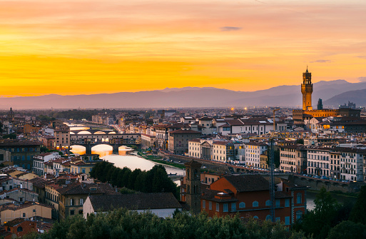 View of Florence at sunset from Piazzale Michelangelo, Florence cityscape, Italy