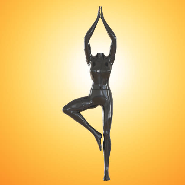 istock A black female headless mannequin stands in a heron pose against an orange backlit background. Pose in yoga. 3d rendering. Front view 1317002972