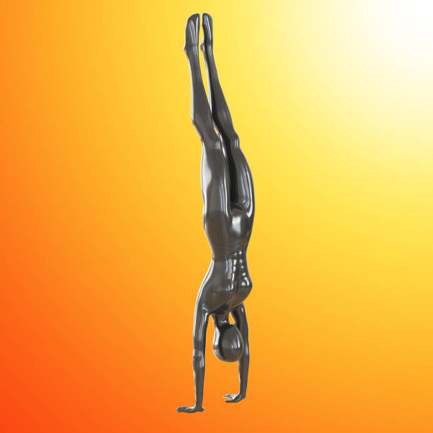 istock Black female mannequin in handstand on orange background with corner illumination. 3d rendering 1317003620
