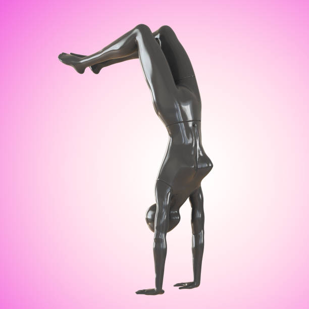 istock Gray female handstand mannequin with bent legs against a pink backlit background. 3d rendering 1317003664