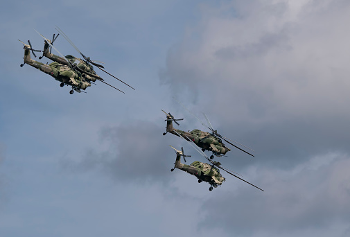 ZHUKOVSKY, RUSSIA - SEPTEMBER 01, 2019: Demonstration of the Mi-28 attack helicopter of the Russian Air Force at MAKS-2019, Russia.