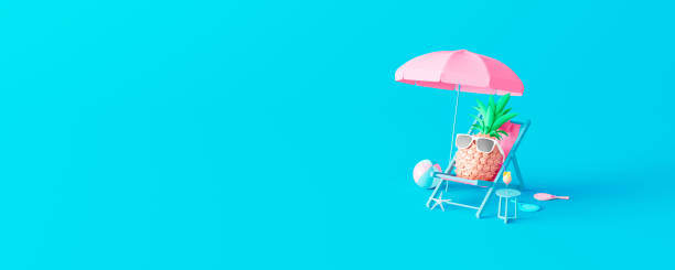 abacaxi com óculos de sol descansando e coquetel de bebida na praia, conceito de férias de verão no fundo azul 3d render - drink umbrella umbrella cocktail pink - fotografias e filmes do acervo