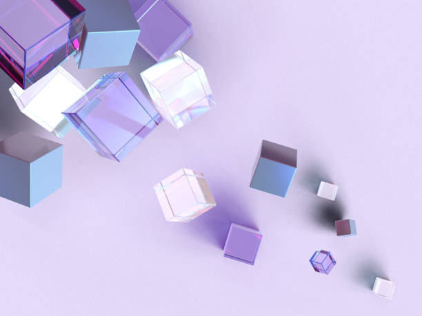 istock 3D rendered block shapes on a light purple background floating in dynamic sizes. Illustration of structured data, information transfer, or virtual exchange. Visualization of network movement. 1317005729