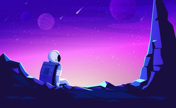 Cosmonaut in suit and helmet sitting on alien planet in far galaxy. Astronaut on alien planet in far galaxy. Cosmonaut in suit and helmet sitting on a rock on another planet. Vector cartoon illustration of spaceman, cosmos and planet surface with stones, cracks. astronaut backgrounds stock illustrations