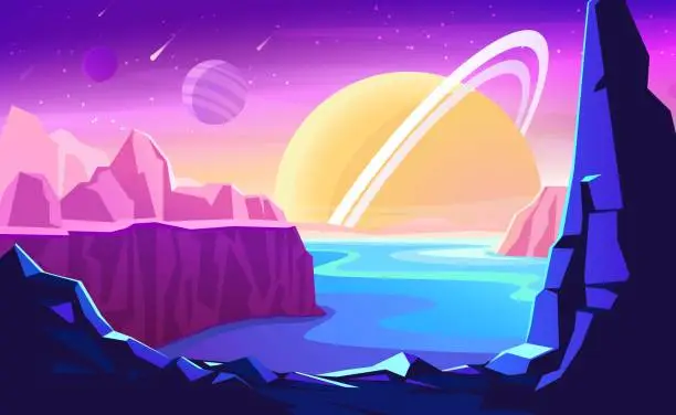 Vector illustration of Alien planet landscape for space game background. Vector fantasy illustration of cosmos and planet stone surface