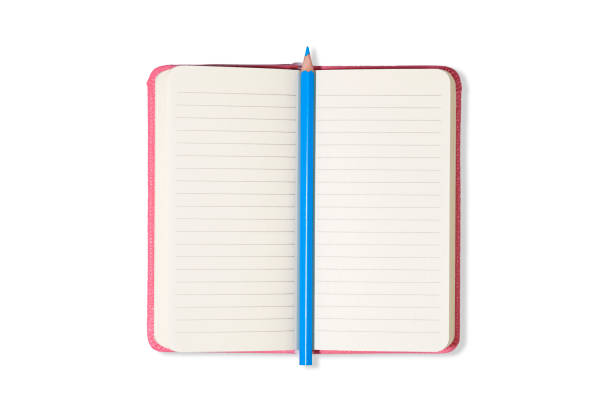 istock Pink Blank open office Notepad or notebook isolated on white background and blue pencil. Mock up. Top view. 1317008309