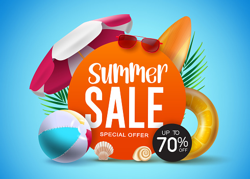 Summer sale vector banner template. Summer sale special offer text with up to 70% off beach element like beach ball, floater and sunglasses for holiday promo discount. Vector illustration