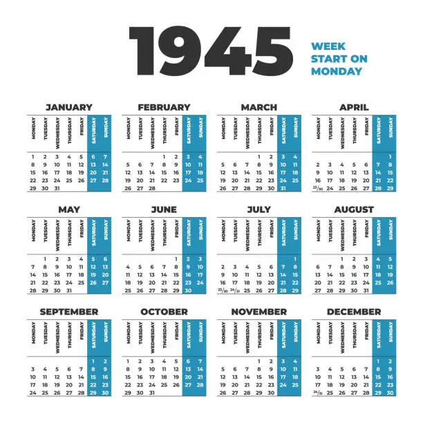 Vector illustration of 1945 year historic calendar. Weeks start on Monday