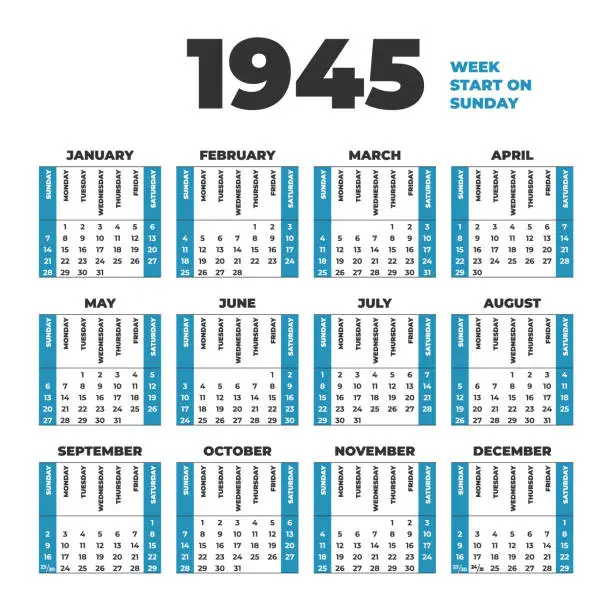 Vector illustration of 1945 year historic calendar. Weeks start on Sunday