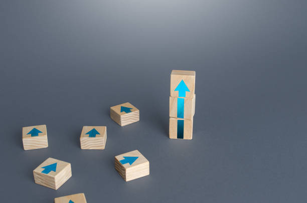 istock Block tower of arrows and extra blocks. Growth, development progress concept. Achieve success. Career promotion. Step by step. improving skills. Progress and movement forward. Goal achievement. 1317023182