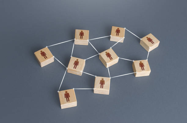 istock Network of connected people. Interaction between employees and community members. Distribution responsibilities between workers. Information exchange relations. Unity cooperation. Social communication 1317023183