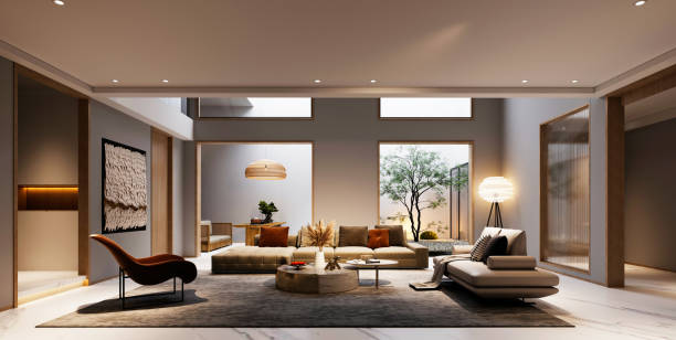 3d render of luxury home interior and living room - architecture indoors inside of contemporary imagens e fotografias de stock