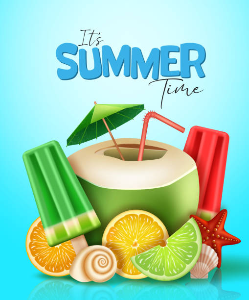 Summer time vector poster design. It's summer time text with coconut juice, popsicle and fruit 3d realistic element for summer tropical refreshment background. Summer time vector poster design. It's summer time text with coconut juice, popsicle and fruit 3d realistic element for summer tropical refreshment background. Vector illustration shell starfish orange sea stock illustrations