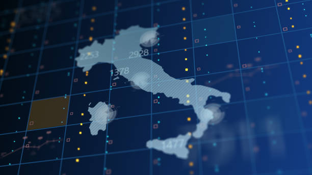 Country shapes with numbers on them on a digitally generated blue background with squares and dots.