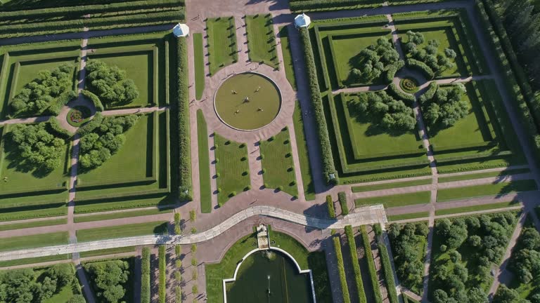 Flight over the upper park Peterhof, Russia