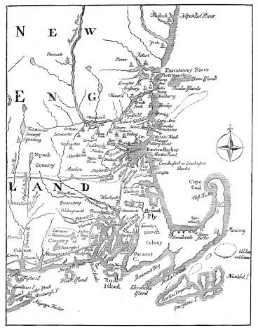 Vintage Map of New England at the beginning of the 18th century.