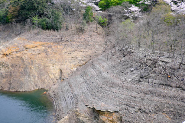 Spring dam lake with low water level