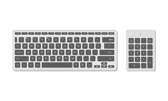 A set of computer keyboards, basic and numeric with symbols, gray. A modern image of a computer keyboard. Flat vector illustration.
