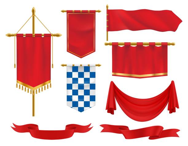 Textile heraldic banners, pennants and flags set Textile heraldic banners, pennants and flags 3d vector set. Medieval red ensigns on flagpole with golden tassels, chequered blue and white canvas template. Realistic flags isolated on white background pennant stock illustrations