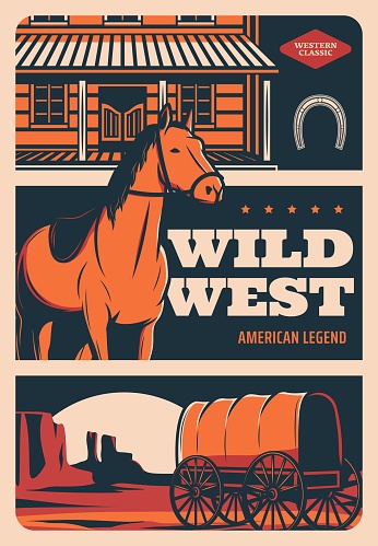 Wild West retro poster, American Western cowboy saloon and horse, vector vintage sign. Wild West legend, horse and rangers or native American stagecoach carriage in Arizona or Texas night desert
