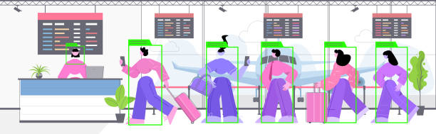 people standing at airport check in registration security camera surveillance cctv system identification people standing at airport check in registration security camera surveillance cctv system identification facial recognition concept horizontal full length vector illustration facial recognition woman stock illustrations