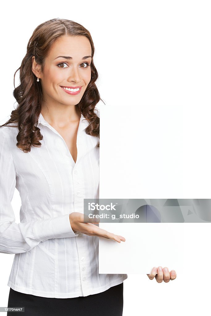 Femme d'affaires montrant Panneau vide, sur blanc - Photo de Adulte libre de droits