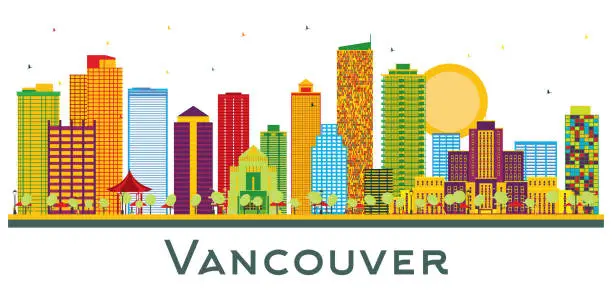 Vector illustration of Vancouver Canada City Skyline with Color Buildings Isolated on White.