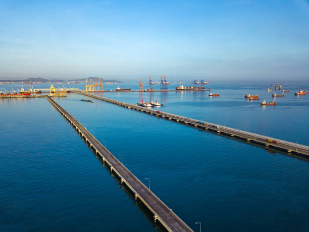istock Aerial view, pier to the crane bridge is unloading container cargo to large vessel in dockyard 1317053008