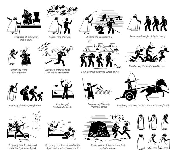 Miracles by prophet Elisha in Christian bible biblical God story from the Old Testament. Vector illustrations list of miracles done by prophet Elisha part 2 of 2. stampeding stock illustrations