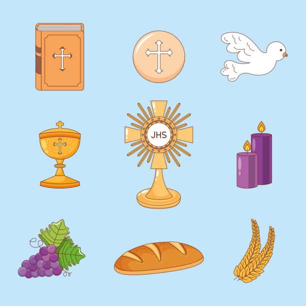 eucharist cartoon set eucharist cartoon set. corpus christi. vector illustration god is love stock illustrations