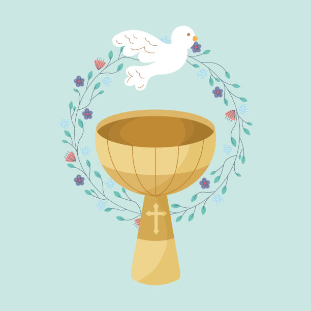 baptismal font baptismal font with holy spirit and floral crown cartoon. vector illustration baptism stock illustrations