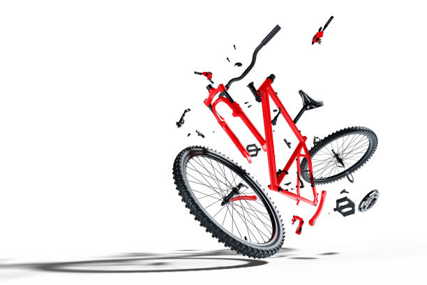 흰색 배경에 고립 된 빨간색 분해 된 산악 자전거 - bicycle gear bicycle cycling red 뉴스 사진 이미지