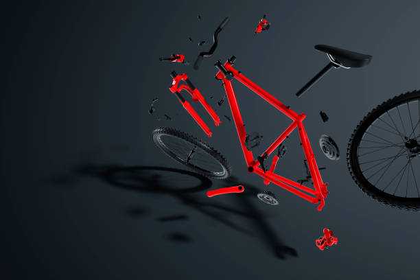 istock Red disassembled mountain bike hovering in the air 1317055765