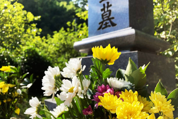 Japanese grave. In japan, to visit the family's grave during the "Ohigan" (the seven days around the spring or autumn equinox) and "Obon". tomb stock pictures, royalty-free photos & images