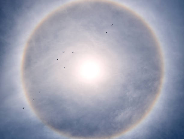 Halo around the sun on blue sky with white clouds in sunny day, natural phenomenon Halo around the sun on blue sky with white clouds in sunny day, natural phenomenon sundog stock pictures, royalty-free photos & images