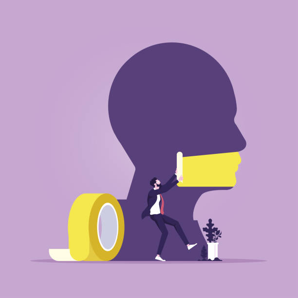 Business censorship concept-Do not speak Businessman use tape to seal the giant's mouth with tape sealed mouth, No comment closed mouth stock illustrations