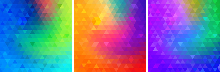 Colorful bright geometric backgrounds set. Triangular glowing patterns collection. Vector illustration.