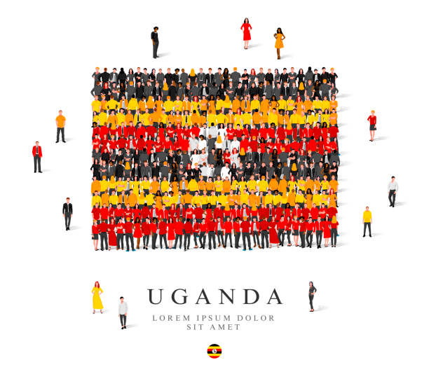 A large group of people are standing in yellow, black, white and red robes, symbolizing the flag of Uganda. A large group of people are standing in yellow, black, white and red robes, symbolizing the flag of Uganda. Vector illustration isolated on white background. Uganda flag made from people. uganda stock illustrations