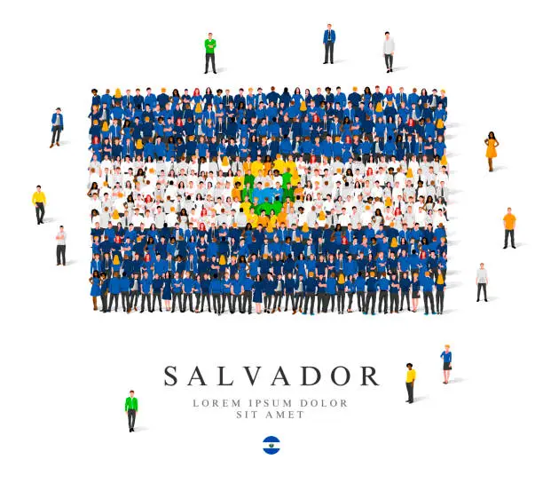 Vector illustration of A large group of people are standing in green, white, blue and yellow robes, symbolizing the flag of El Salvador.